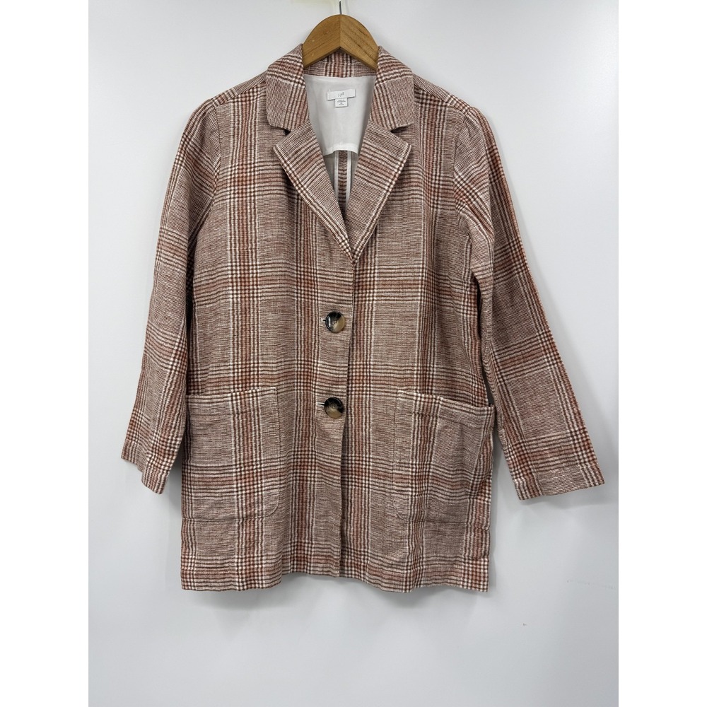 J. Jill‎ Blazer Jacket Womens XS Petite Brown Plaid Linen Blend Lined Pockets
